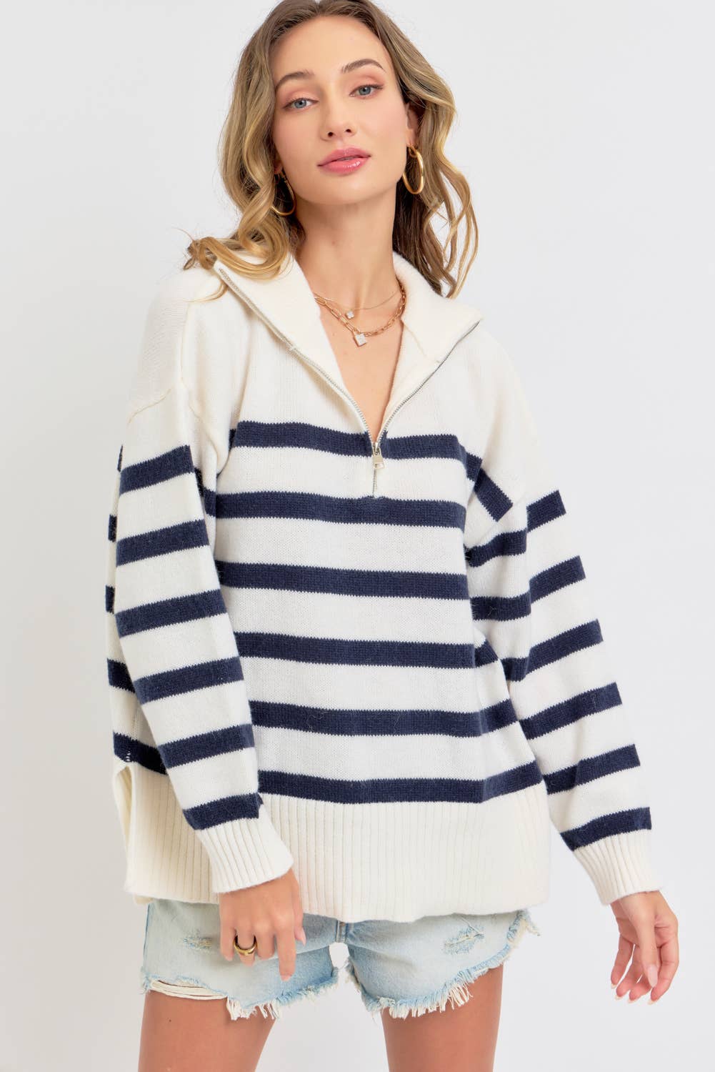 Sweet Lovely by Jen - Wholesale Knit Sweater - Women's - STRIPED ZIP-FRONT OVERSIZED PULLOVER KNIT SWEATER  24
