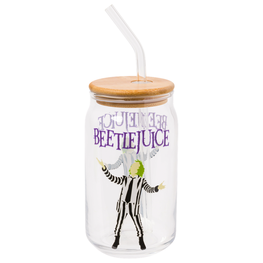 Silver Buffalo - Vente Verre/tasse - Gobelet en verre BEETLEJUICE 3X NAME 16 oz avec couvercle en bambou et paille1