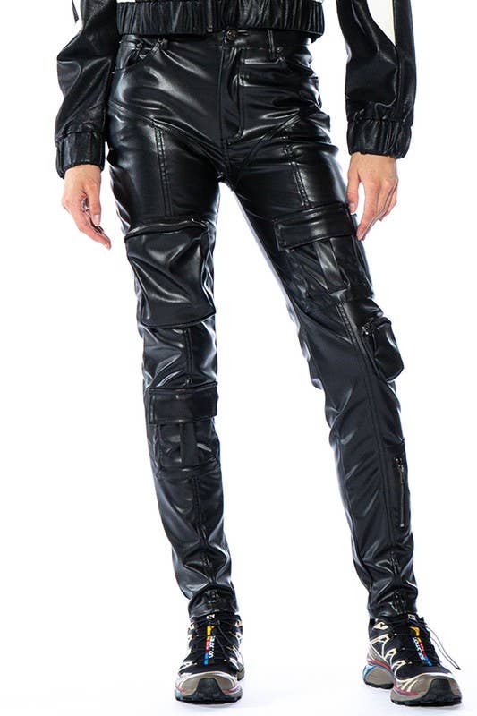 Black Vegan Leather Skinny Cargo Pants for wholesale on Faire