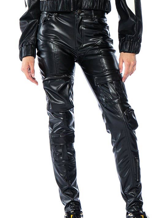 Black Vegan Leather Skinny Cargo Pants for wholesale on Faire0