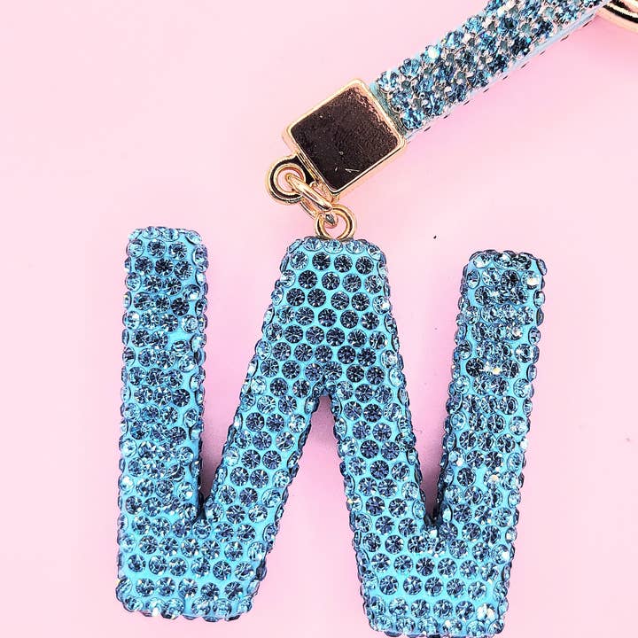 Silver Initial Letter Blue Crystal Key Ring & Bag Charm for wholesale on Faire21