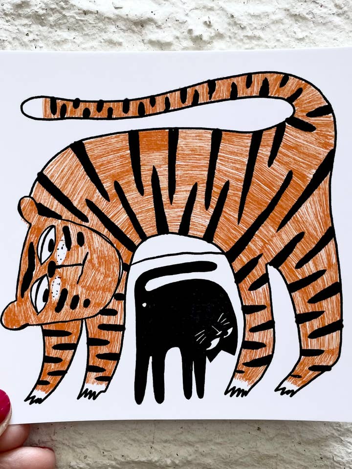 A tiger and a cat, square postcard for wholesale by Anna Soba