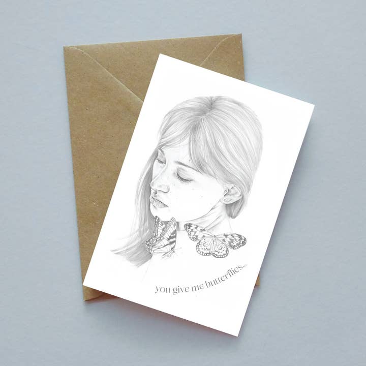 You give me butterflies illustrated greeting card for wholesale by Kirsty McGill