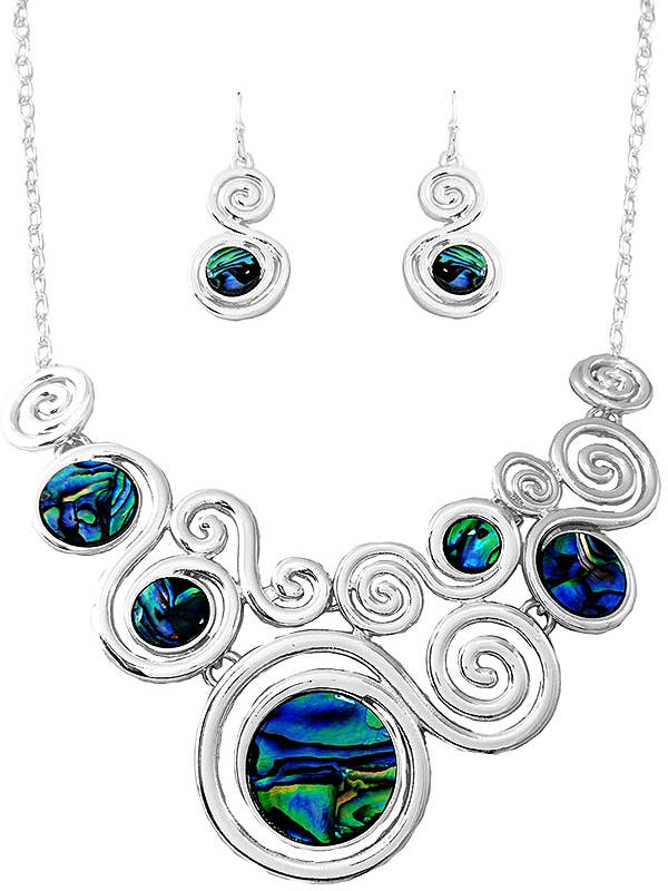 ( S222 ) METAL SWIRL ABALONE DISC STATEMENT NECKLACE SET for wholesale by Jewelry Max