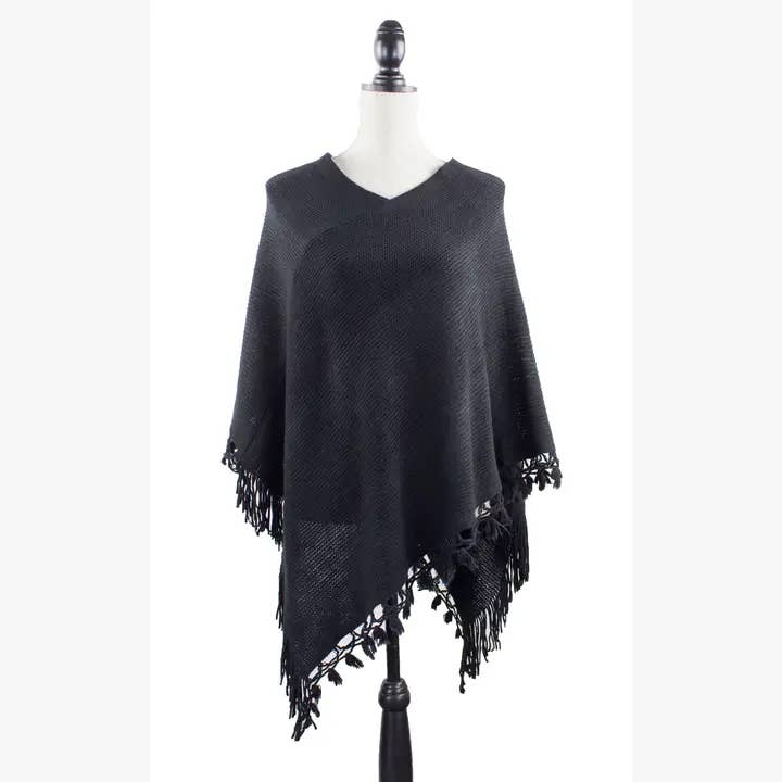 Fennco Styles - Wholesale Poncho – Women's - Black Color Block Fringe Poncho Sweater3