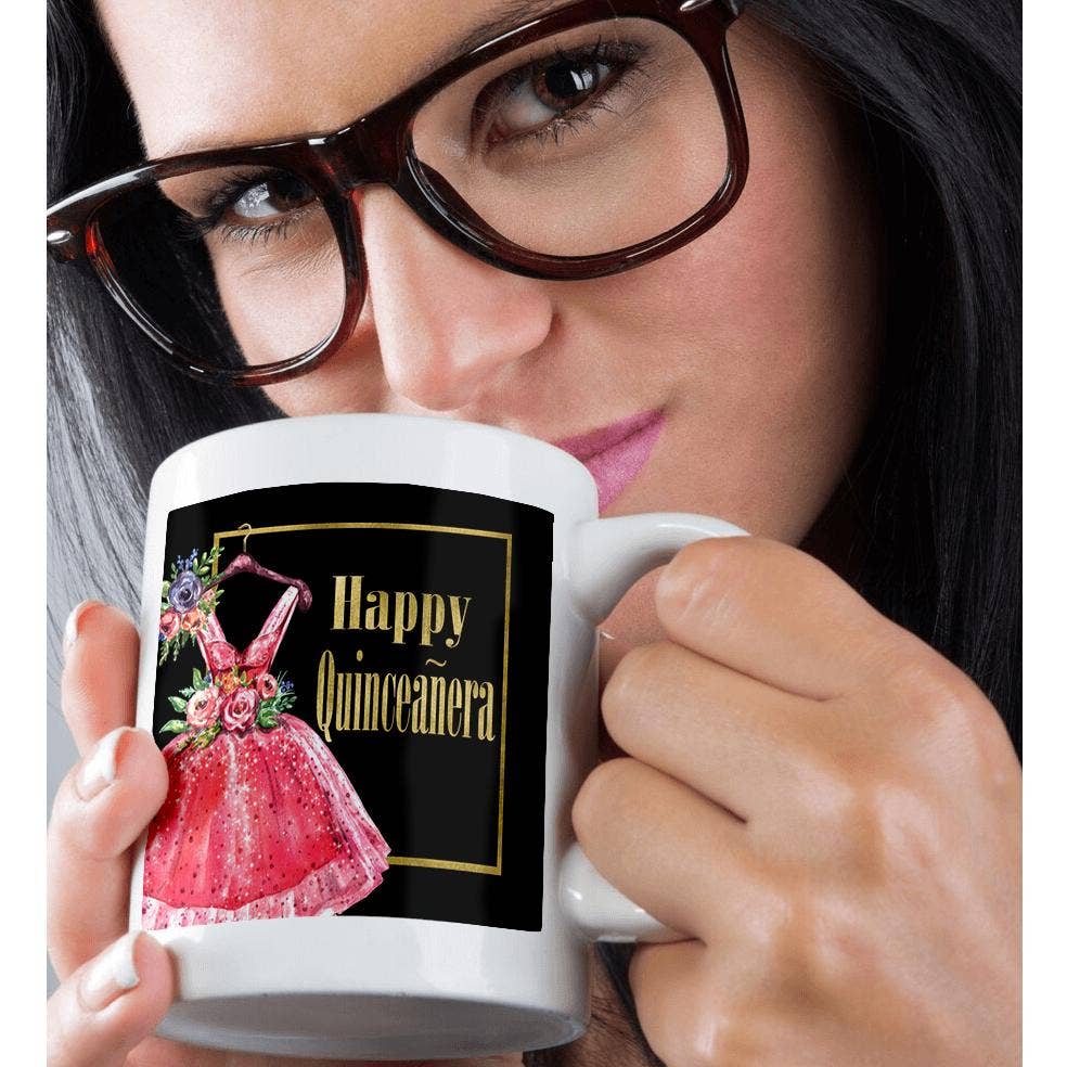 3dRose - Vente Tasse à café - 3dRose, Jolie robe rouge avec fleurs image de joyeux Quinceañera en or, Tasse9