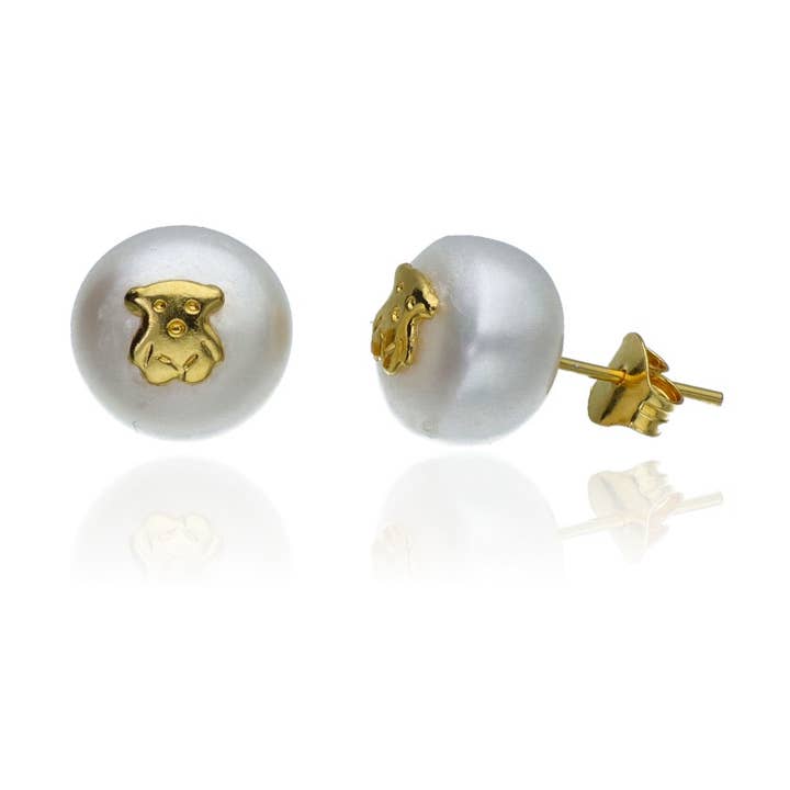 24Kt Gold Plated Silver Earrings Bear with Natural Cultured Pearl XL for wholesale by Las Joyas de Amanda