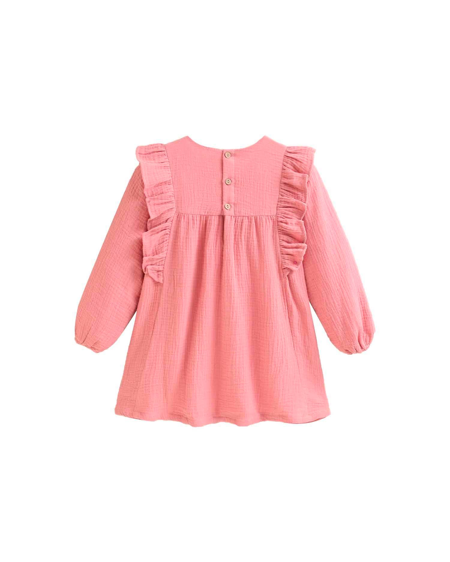 Rose Pink Bambula Girl's Dress with Embroidered Detail with Ruffle for wholesale on Faire1