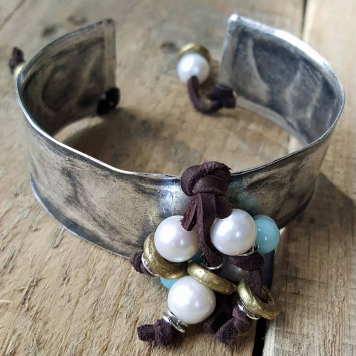 Larimar & Pearl Deerskin Cuff for wholesale by Lorraine Frances Jewelry