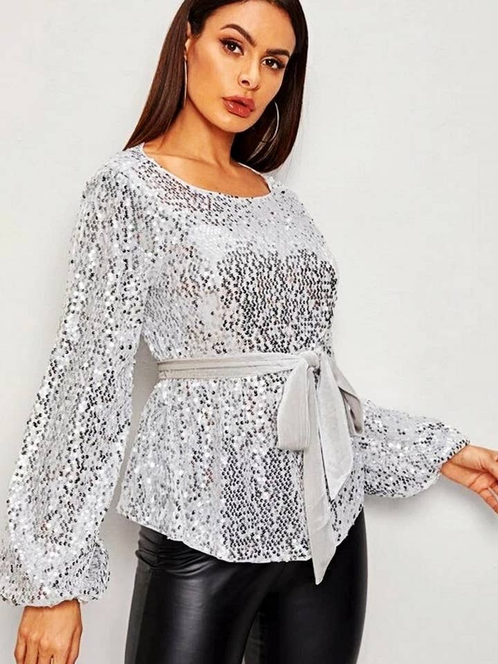 NINEXIS - Wholesale Blouse - Women's - CWTBLL3459_VELVET BELTED SEQUINED LONG SLEEVE PULLOVER5