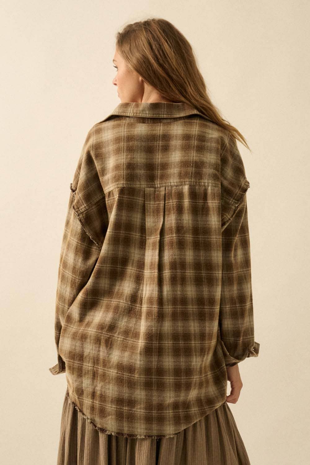 Promesa USA - Wholesale Button Down Shirt - Women's - Plaid Flannel Oversized Raw-Edge Pocket Shirt17