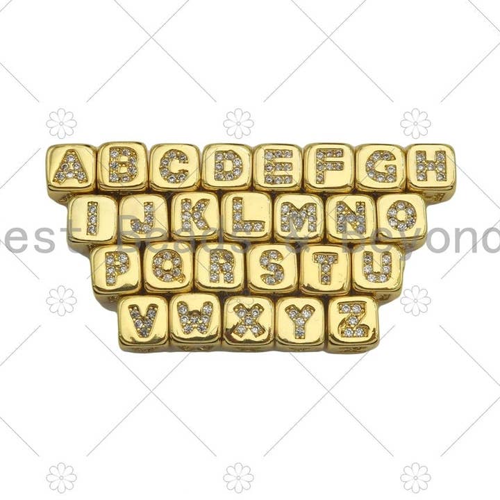 BestBeads&Beyond - Vente Breloques/médailles personnalisées - Perles d'espacement de 6 mm d'or Alphabet CZ Micro Pave à grand trou, perles cubiques en zircone cubique, perles de lettre initiale, lettre cubique, sku #JL430