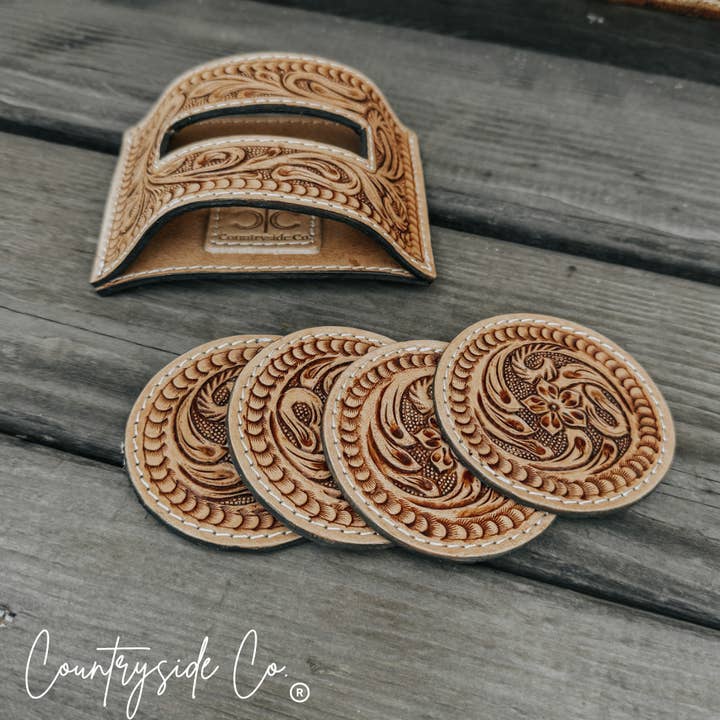 Texas Western Cowhide Bags and More - Wholesale Coasters - Handmade Tooled Leather Coaster Set, home decor, barware1