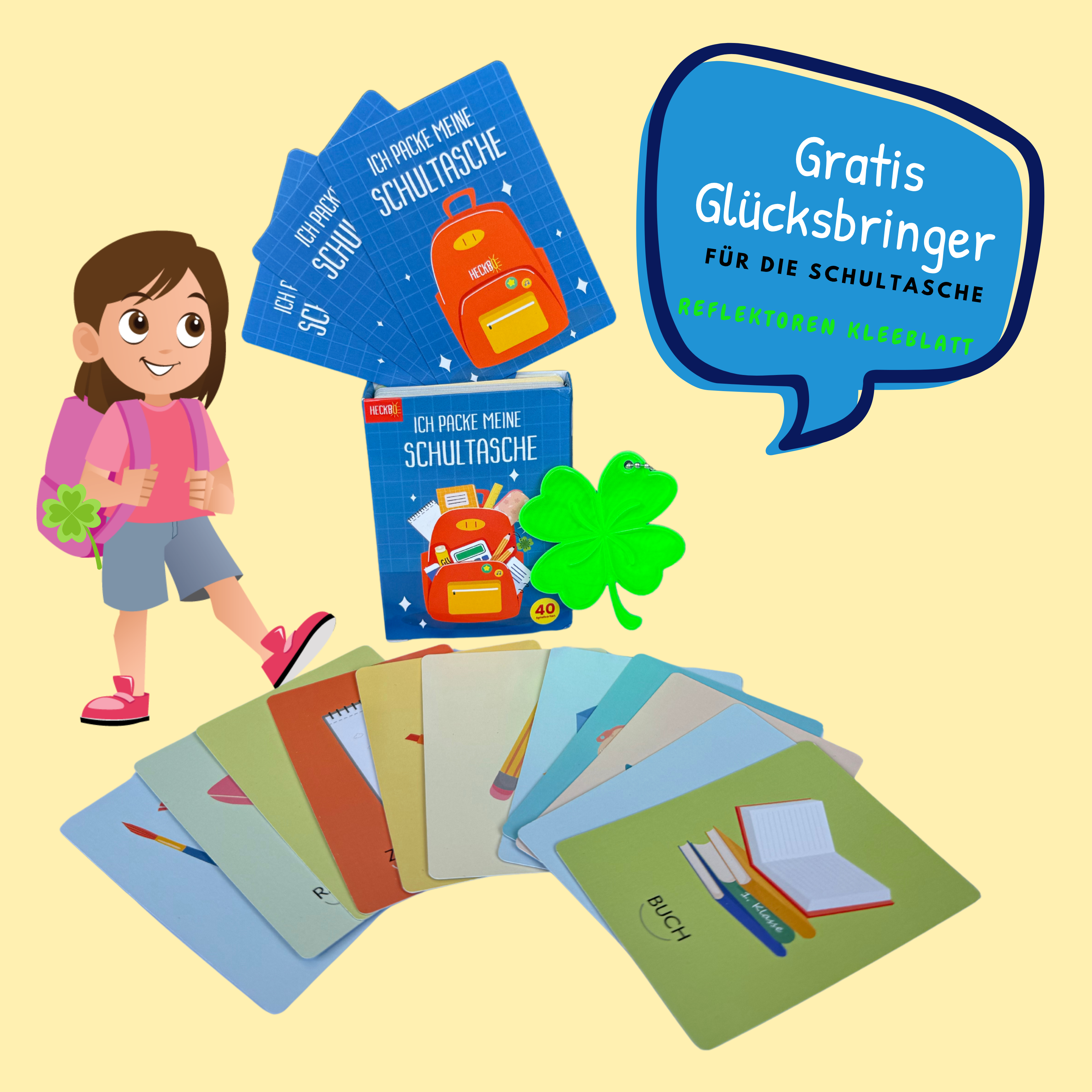 HECKBO – Großhandel Lernkarten – Kind & Baby – Kartenspiel "Ich packe meine Schultasche und nehme mit"1