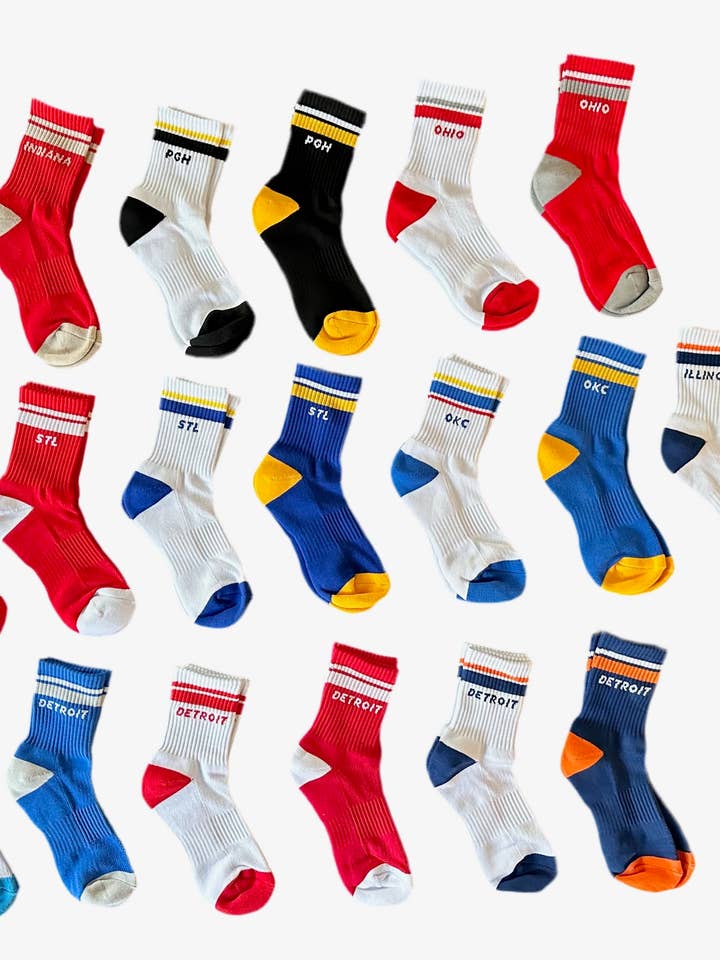 White City Socks-Crew-PGH-IN-CHI-OH-STL-TX-IN-IL-OKC-DET-CINCY for wholesale on Faire1