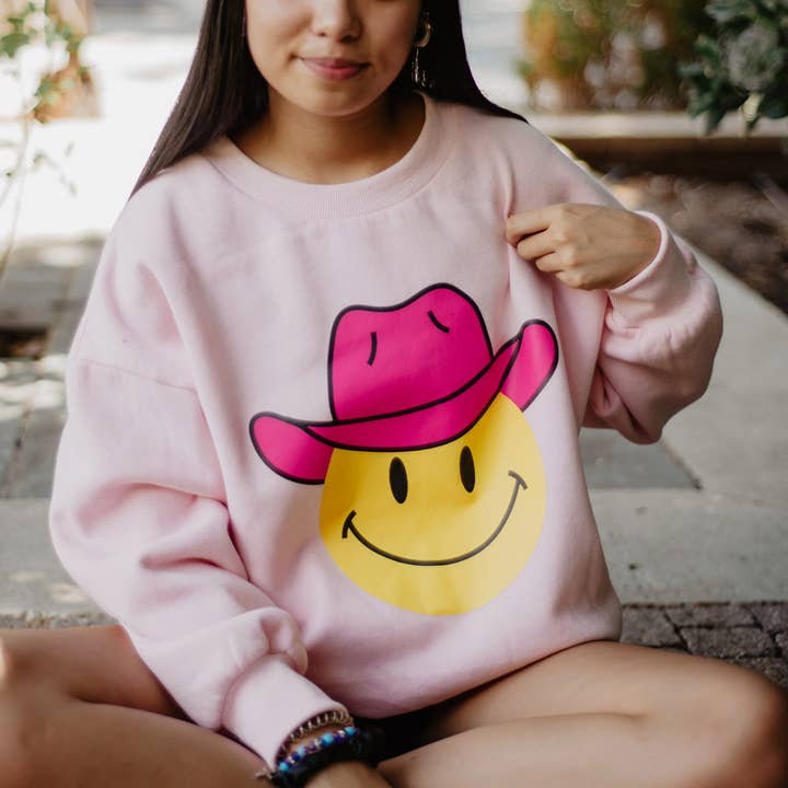 Katydid - Venta al por mayor Sudadera estampada - Mujer - Sudadera con cara feliz y sombrero vaquero rosa2