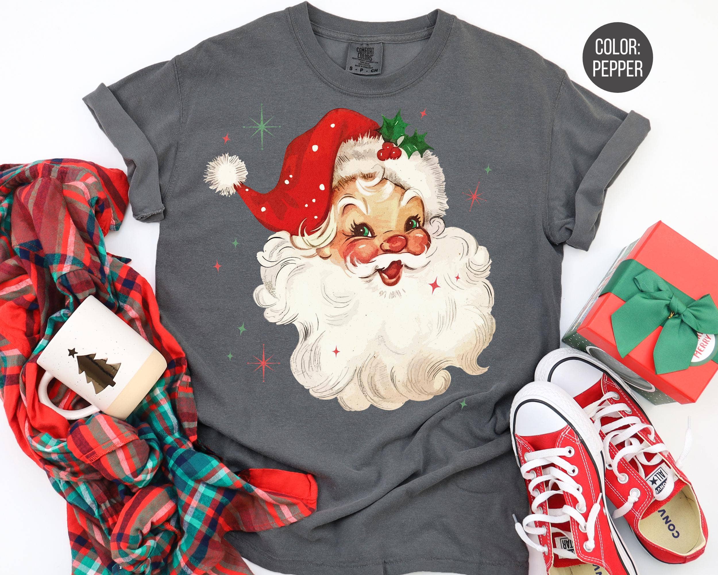 Glaime – wholesale T-shirt (graphic) – women's – Comfort Colors Retro Santa Claus Shirt, Santa Xmas Sweater