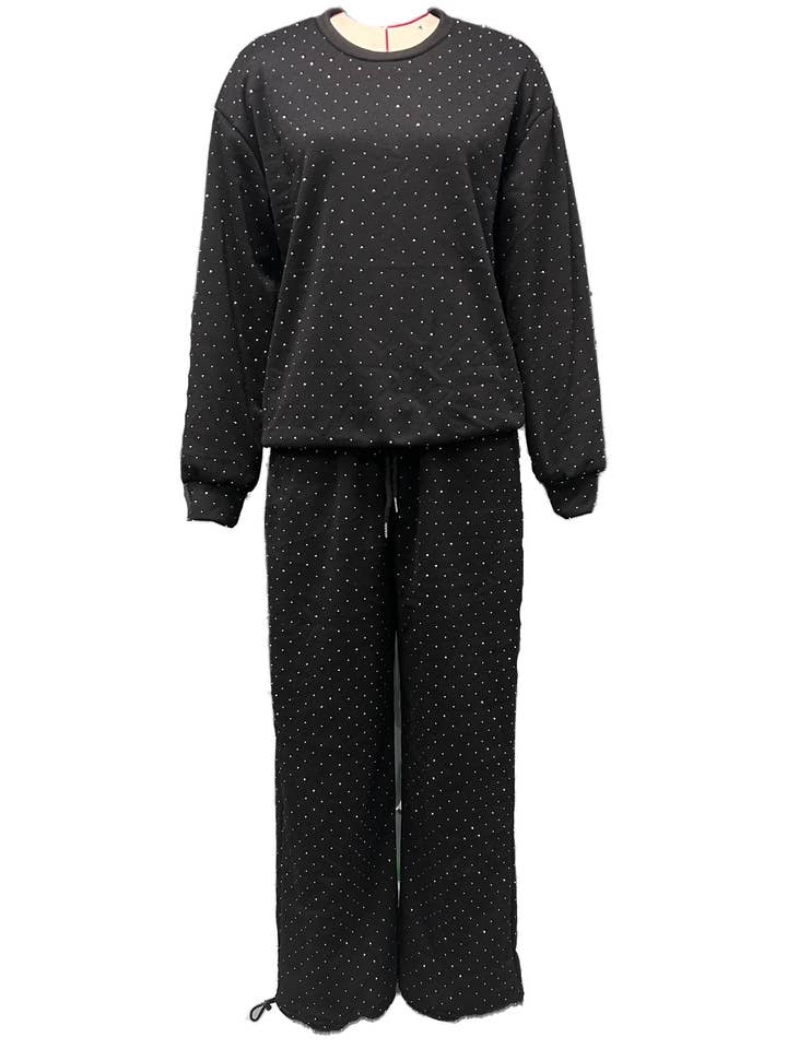 Rosa Clothing - Wholesale Top & Pant Set (NOT Loungewear) - Women's - Allover Rhinestone sweatshirt wide leg Leisure set1