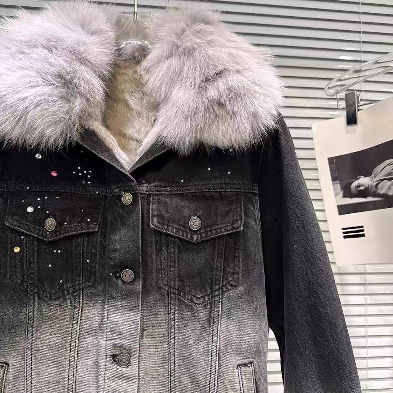 Productseeker - Wholesale Spijkerjack/spijkerjas - Dames - CT142 2025 Winter Gradient Spijkerjas met Vossenbontkraag9