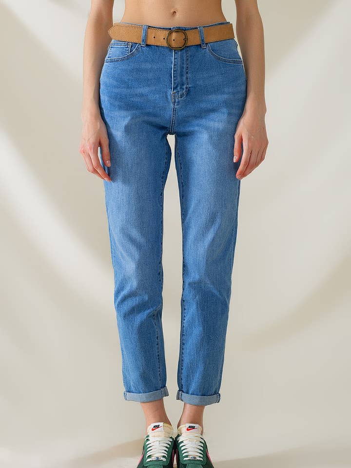 High Waist Mom Jeans In Mid Wash Stretch Denim for wholesale by Q2—All Orders:Free Duties for the US,UK,and Canada