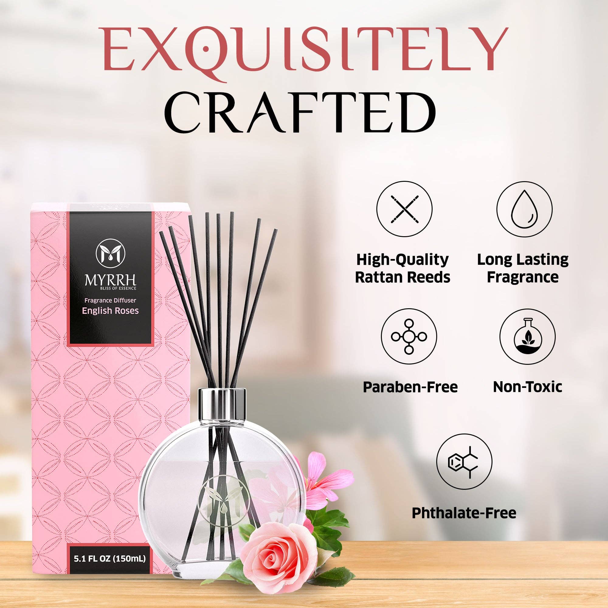 MyrrhUSA - Wholesale Reed Diffuser - English Roses Reed Diffuser Set with 8 Rattan Sticks3