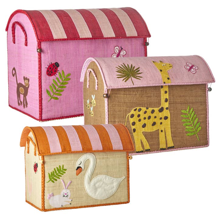 Maison de Rangement en Raphia - Rose - Thème Faune - Ensemble de 3 - À LIVRER EN FÉVRIER pour la vente par RicebyRice