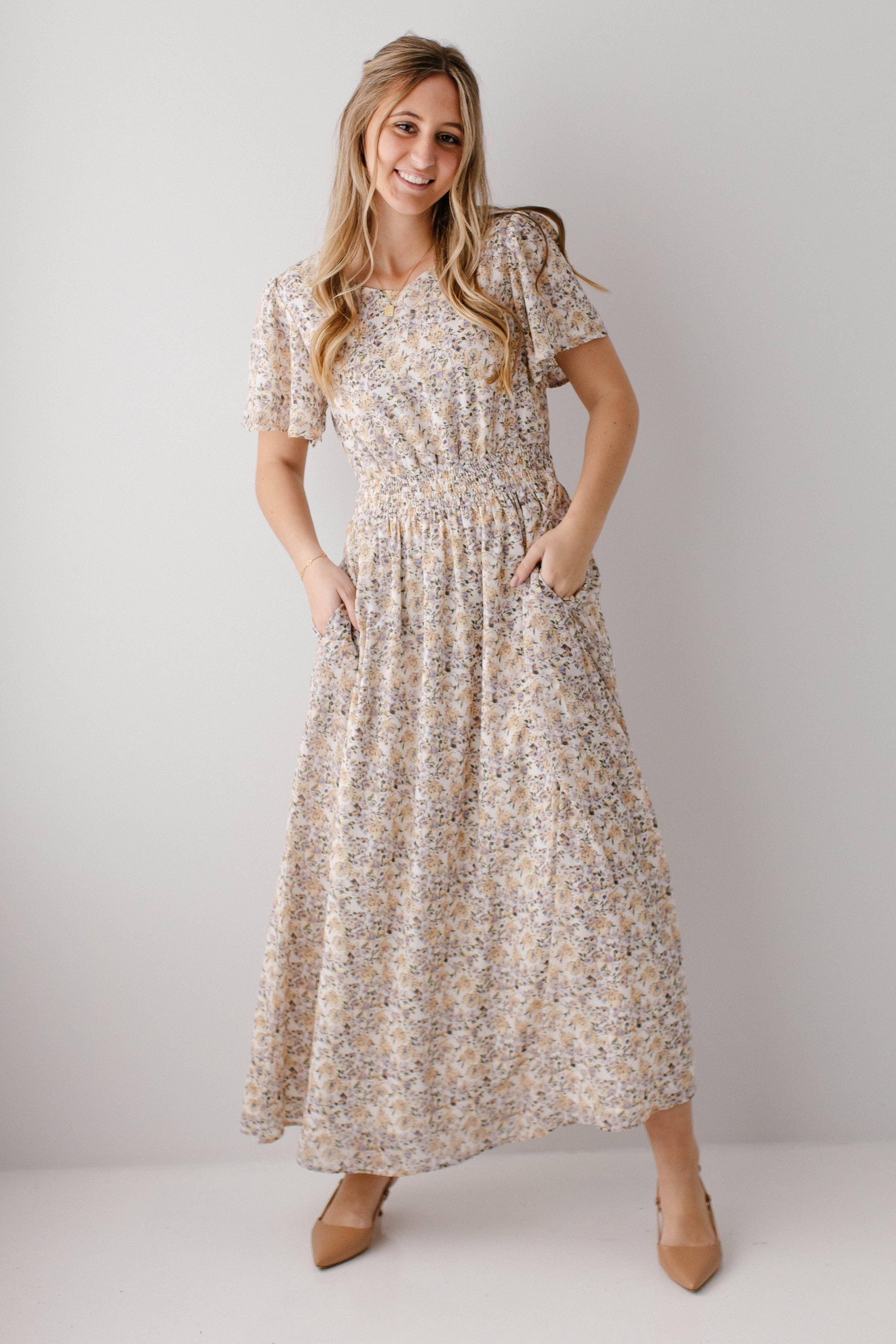 Ivory 'Felicity' Floral Print Smocked Waist Maxi Dress for wholesale on Faire2