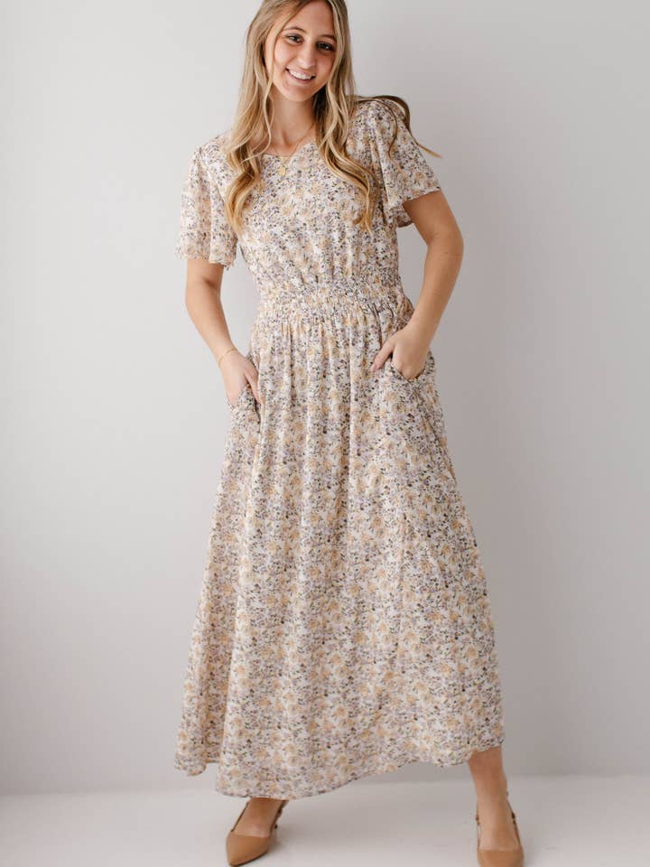 Ivory 'Felicity' Floral Print Smocked Waist Maxi Dress for wholesale on Faire2