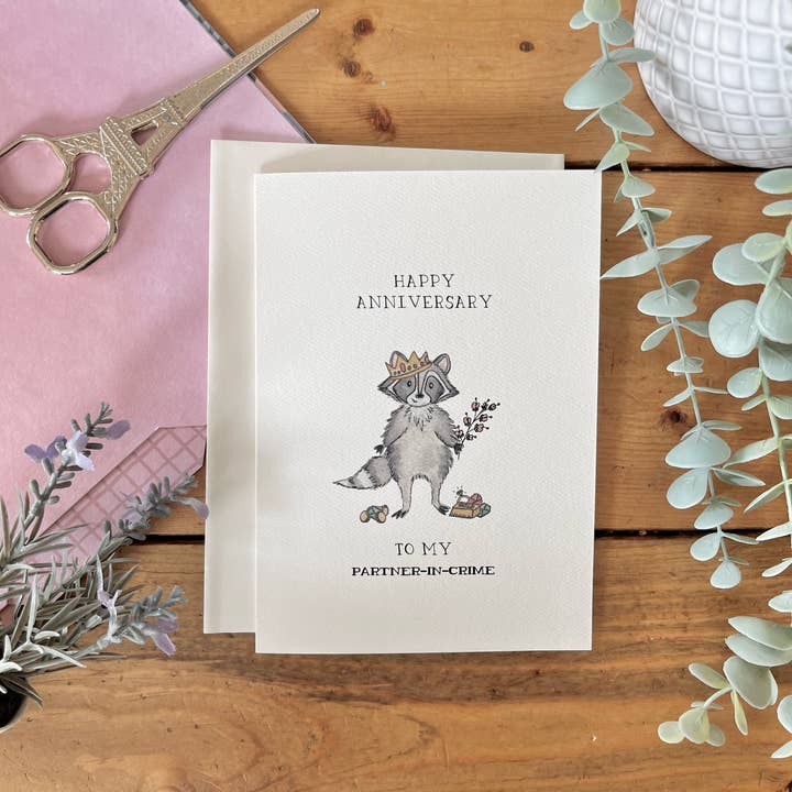 Anniversary – “Partner In Crime” Punny Raccoon Card for wholesale by kenziecards