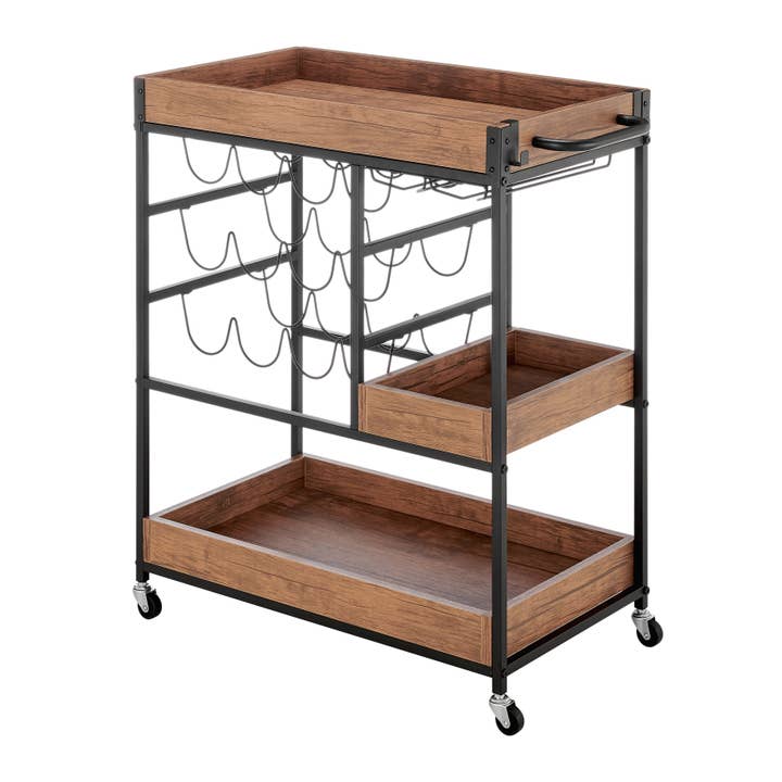Danya B - Wholesale Bar trolley - Walnut Veneer Metal Rolling Wine Bar Cart with Storage Rack5