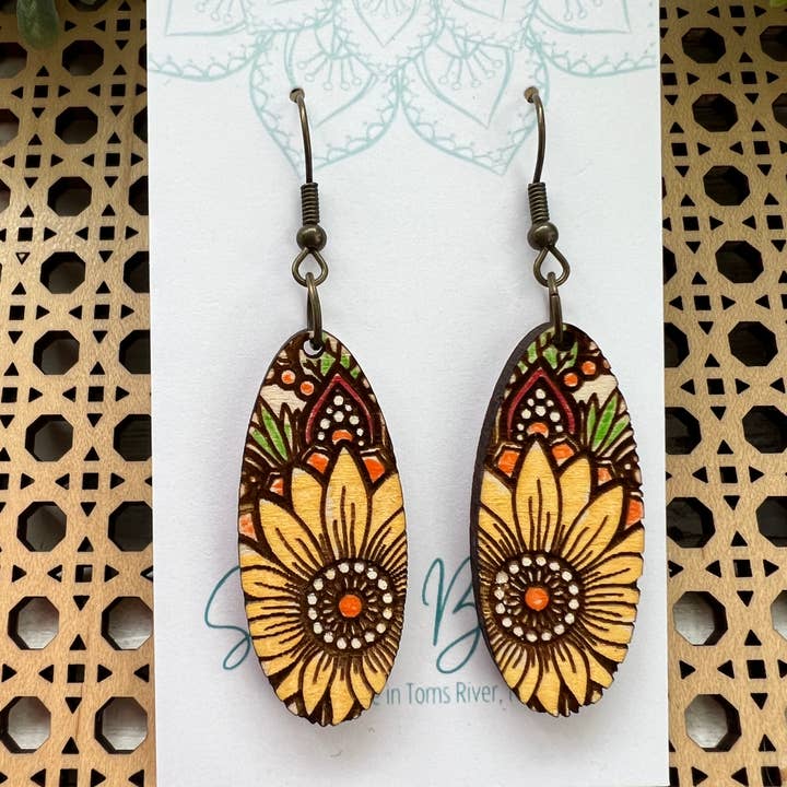 Seasideblooms - Wholesale Dangle Earrings - sunflower mandala hand painted lightweight wood earrings