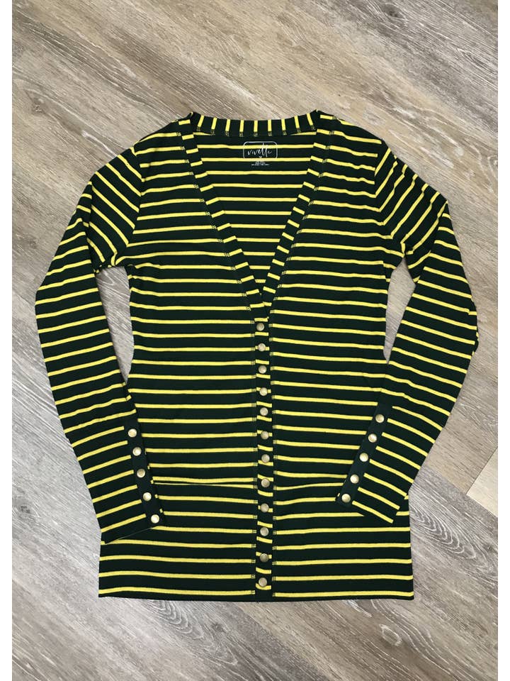 Vivette Apparel - Wholesale Cardigan - Dames - Snap Cardigan - Groen/gouden Gameday Stripe3