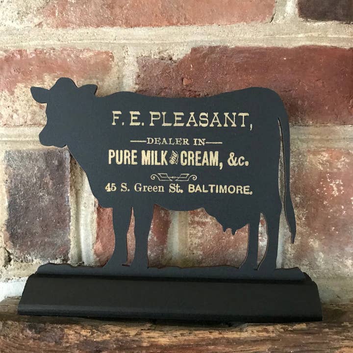 Madison Bay Co. - Historical Home Decor Reproductions - Wholesale Decorative Tabletop Object - 6" Cow w/ Advertisement Wooden Silhouette Tabletop Décor