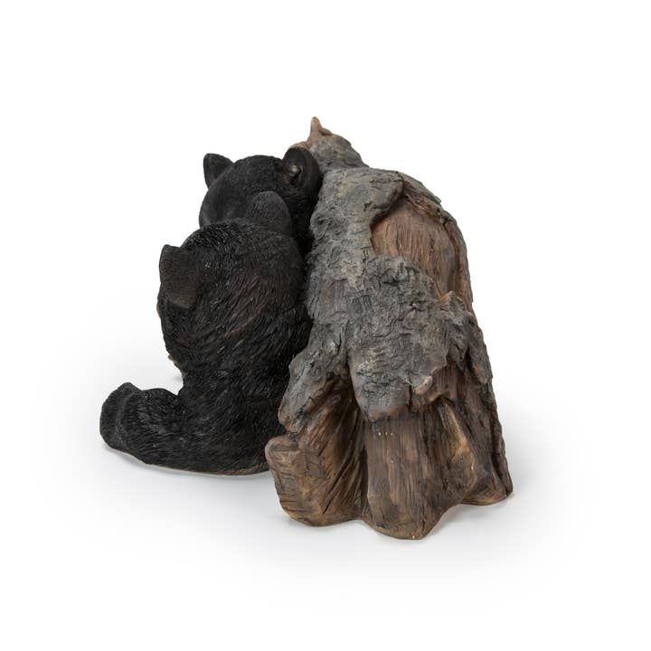 Hi-Line Gift Ltd. - Wholesale Outdoor Ornament/Decor - Black Bear Cubs Hiding Under Log Statue
