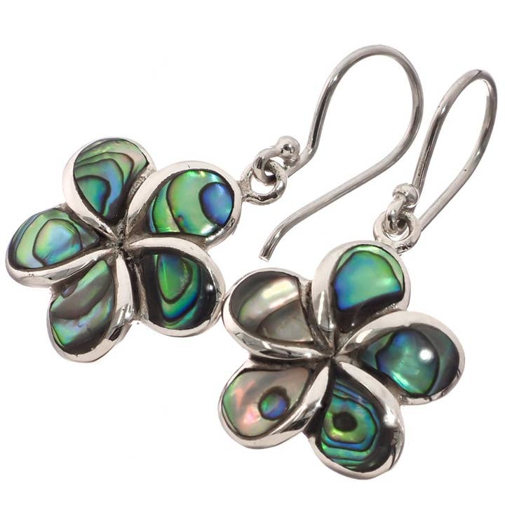 925 silver plumeria new zealand paua abalone shell sterling earrings, 3/4" for wholesale by FifiRose