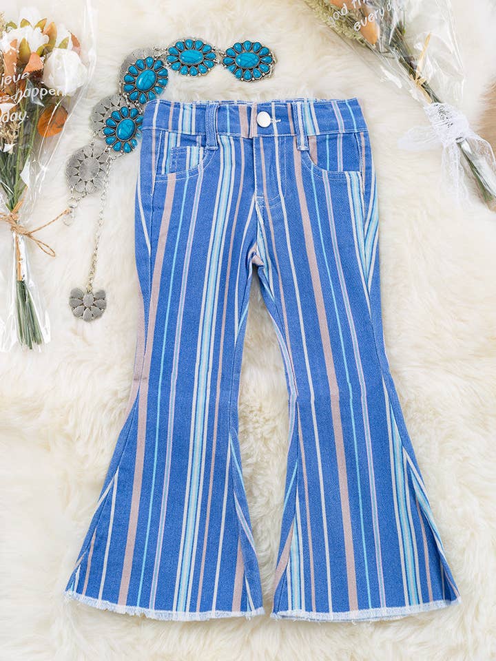Multi-color stripe on blue  printed bootcut denim pants. PNG65153067-Jeann for wholesale by Kids Charm Online