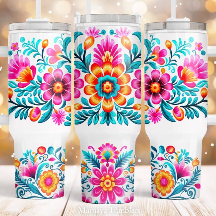 JAC Wholesale - Wholesale Insulated Mug/Tumbler - Mexican Flowers 40oz Tumbler with Handle