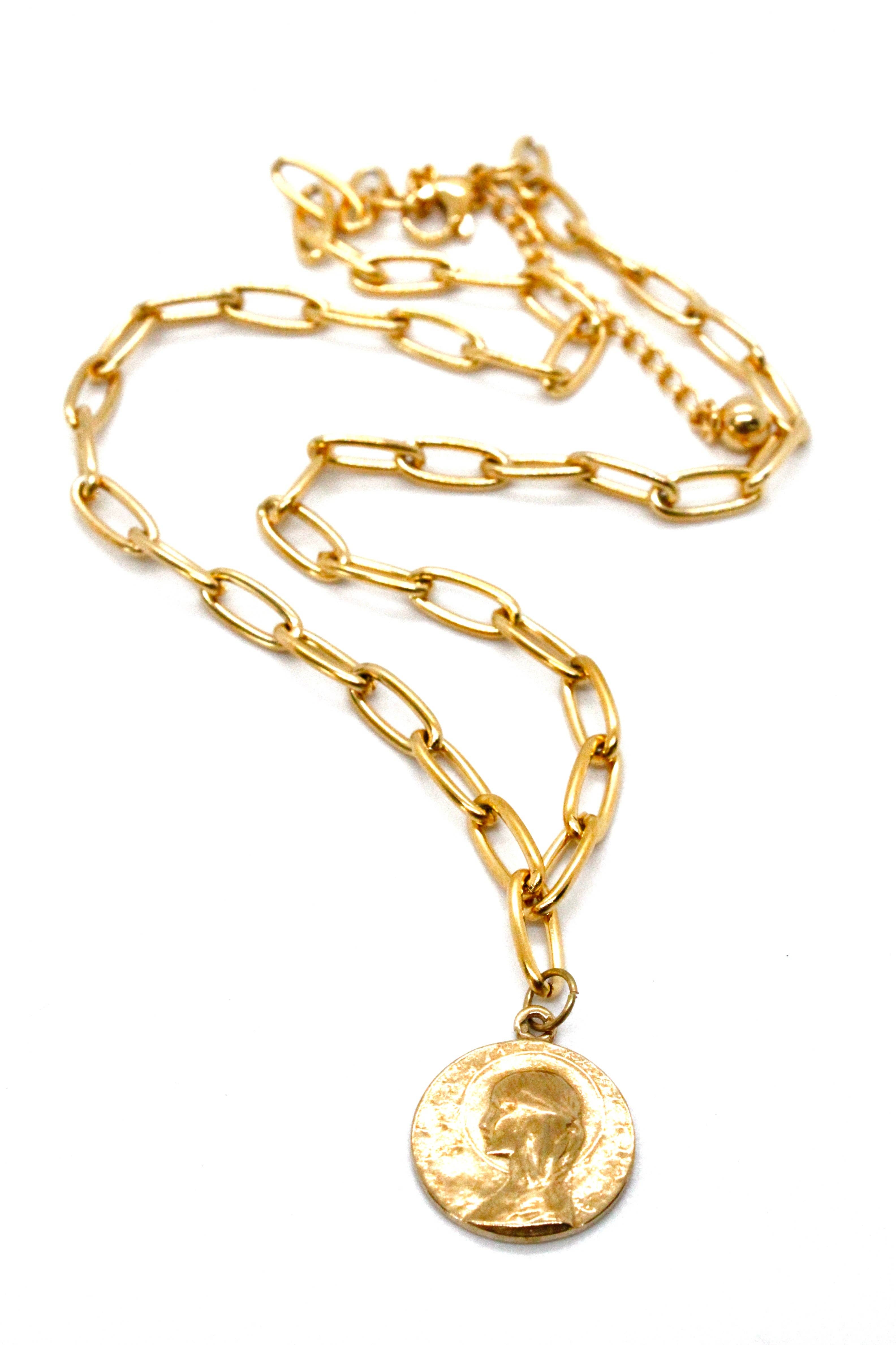 LIZOU - Wholesale Pendant/Charm Necklace - Gold Chain Necklace with Golden Bronze French Religious Medal -French Medals Collection-2