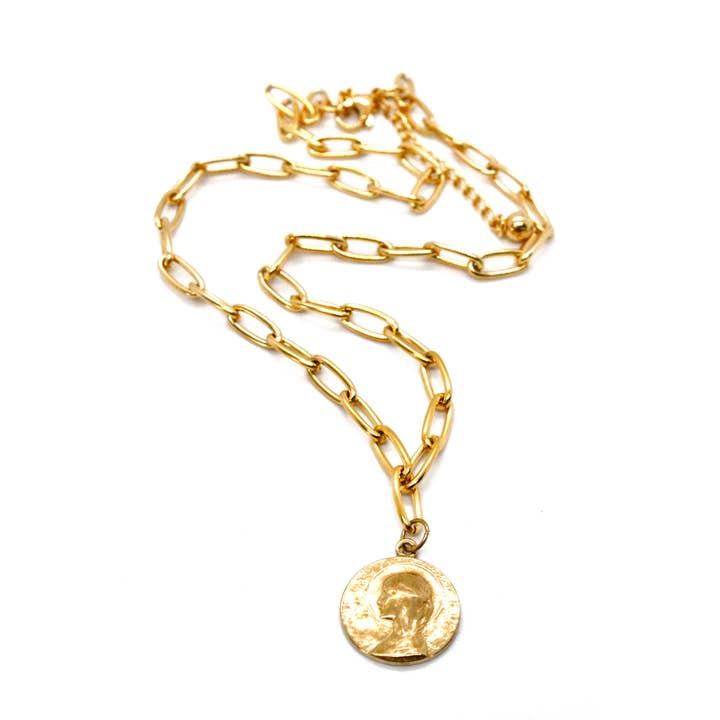 LIZOU - Wholesale Pendant/Charm Necklace - Gold Chain Necklace with Golden Bronze French Religious Medal -French Medals Collection-2