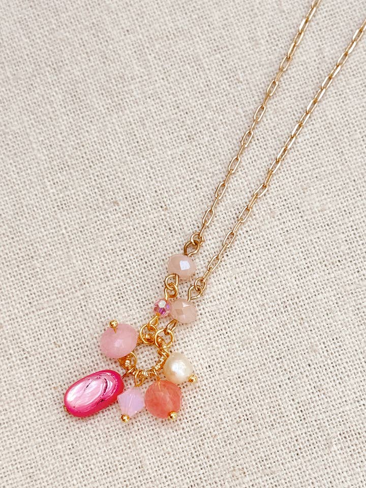 Pink Mixed Stone Cluster Necklace with Gold Chain for wholesale by Gracie Rose Designs