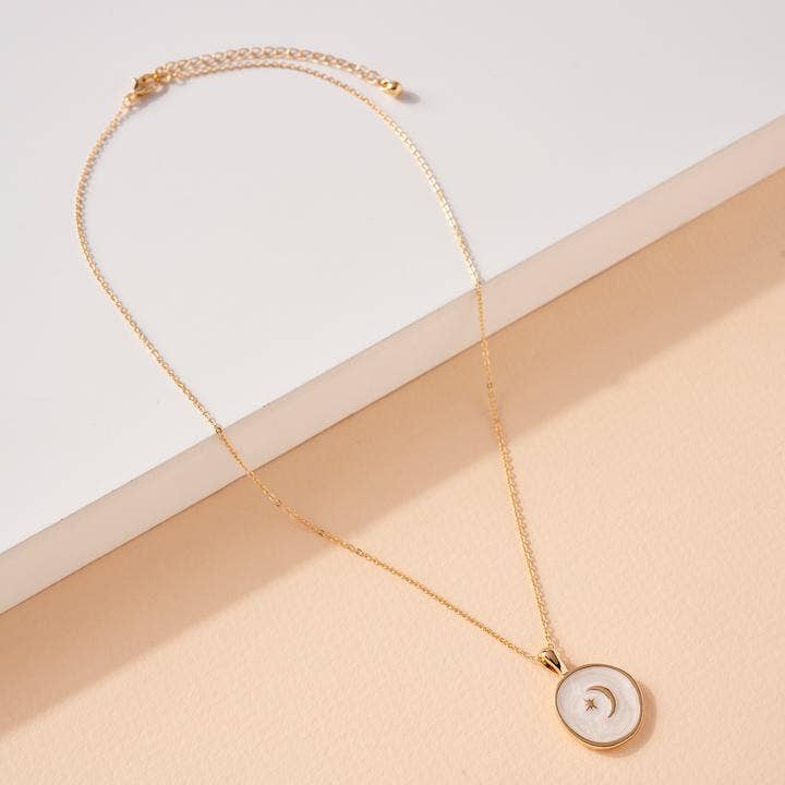 Round Pearlized Epoxy Coin w/ Moon and Star Pendant Necklace for wholesale by StarryNYC