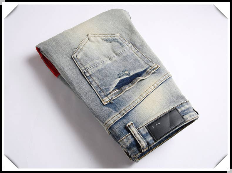 Blå Broderade slitna jeans herr slim fit skinny jeans för wholesale på Faire9