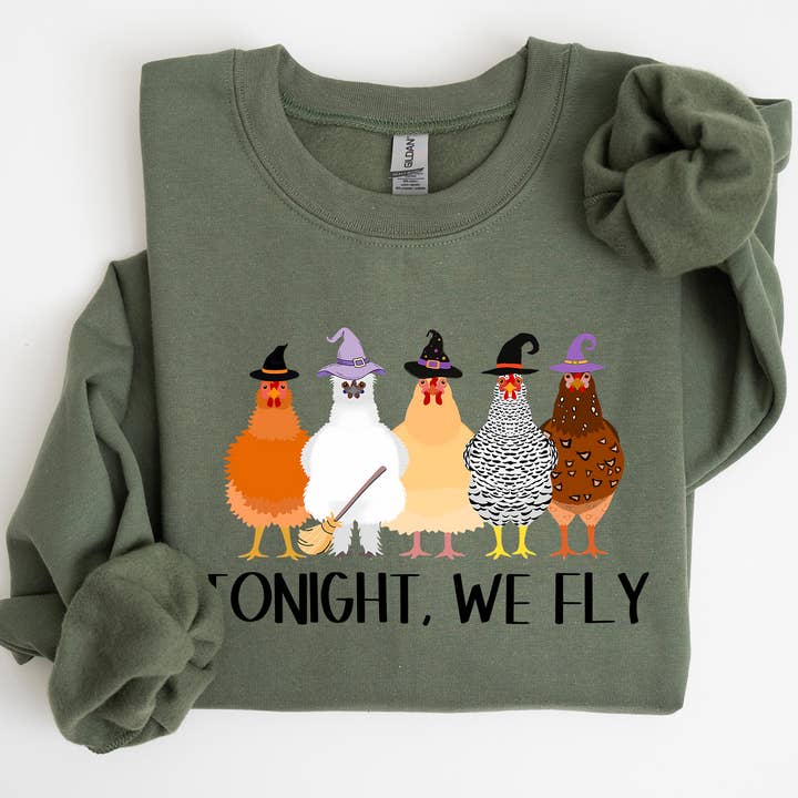 Tonight We Fly, Chickens, Funny, Witch, Halloween Sweatshirt for wholesale by Refinery Number One LLC