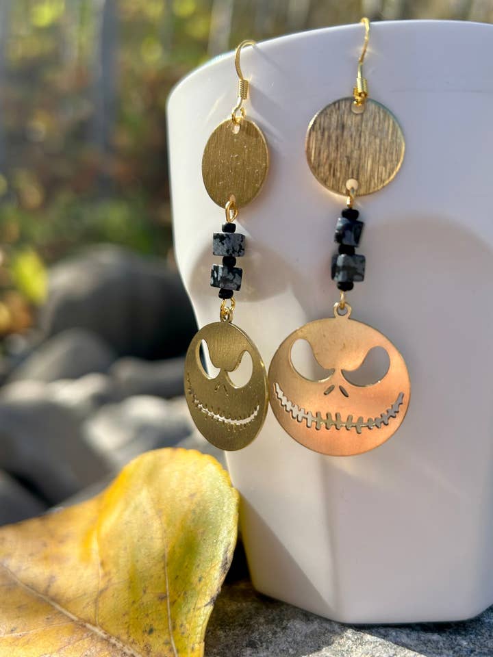 Pumpkin Face Snowflake Obsidian Brass Earrings for wholesale by Ahimsa Gems