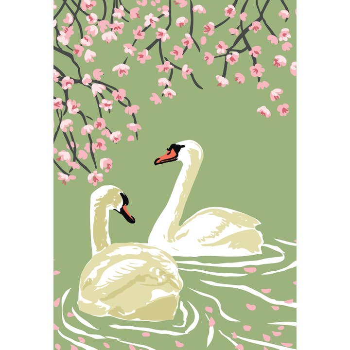 Carte de vœux RBI-133 Swans & Cherry Blossoms : Elegant Birds pour la vente par Rigel Paper