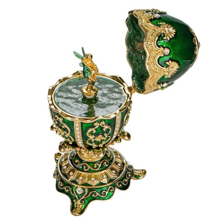 danila-souvenirs – Engroshandel Bordpynt – Fabergé æg musik smykkeskrin med fe-figur grøn