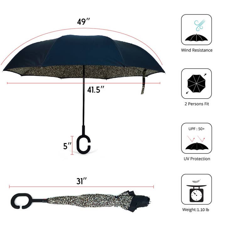 Selini New York - Wholesale Umbrella - Unisex - Leopard Print Double Layer Inverted Umbrella