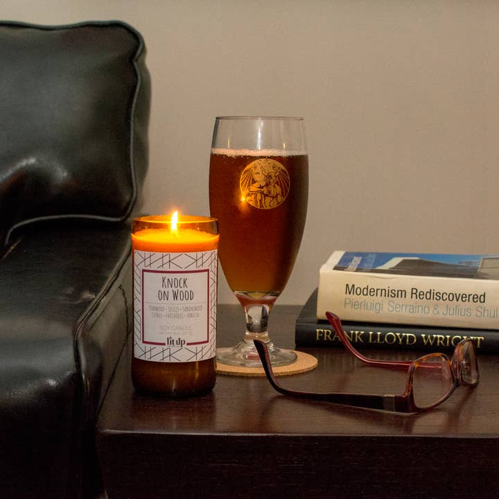 Lit Up Candle Co. - Wholesale Jar/Filled Candle - Knock on Wood scented 8 oz. soy candles in beer bottles3