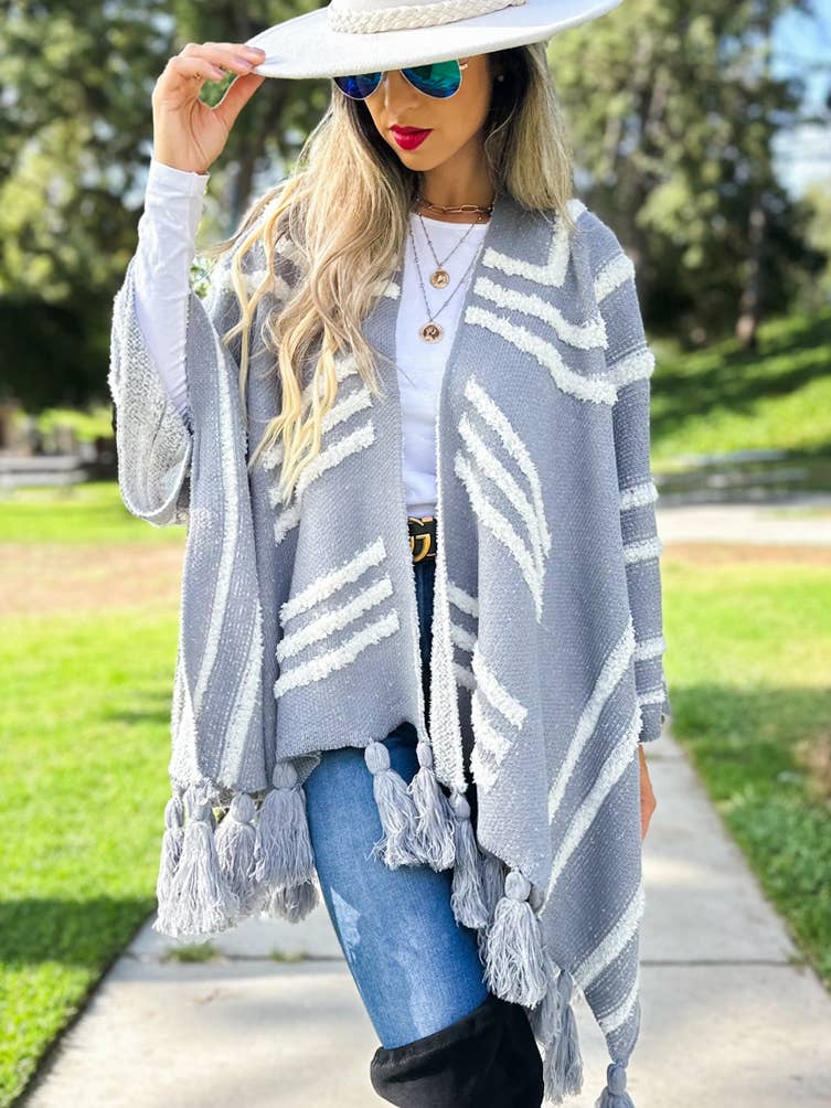 Grey Western Textured Pattern With Chunky Tassel Cardigan for wholesale on Faire3