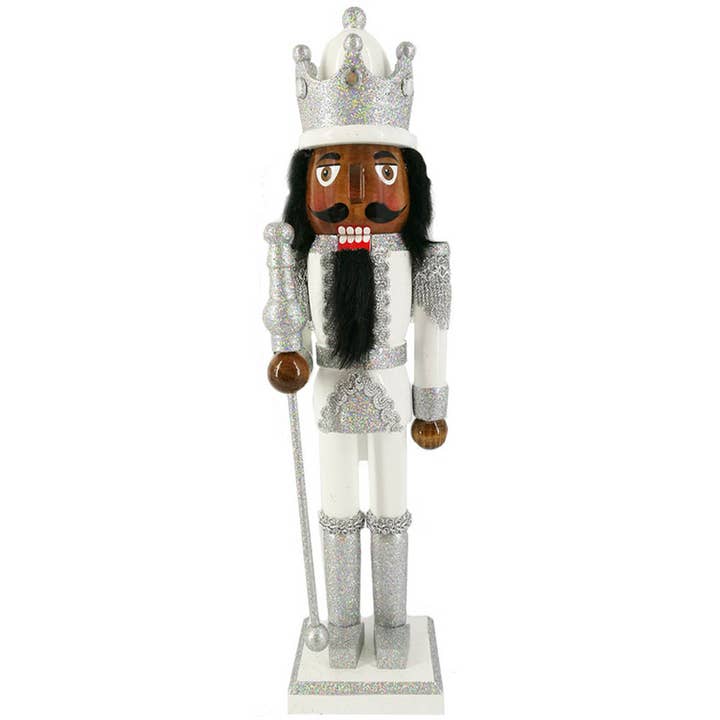 Nutcracker Ballet Gifts - Wholesale Holiday Nutcracker - African American King Nutcracker Silver and White with Crown